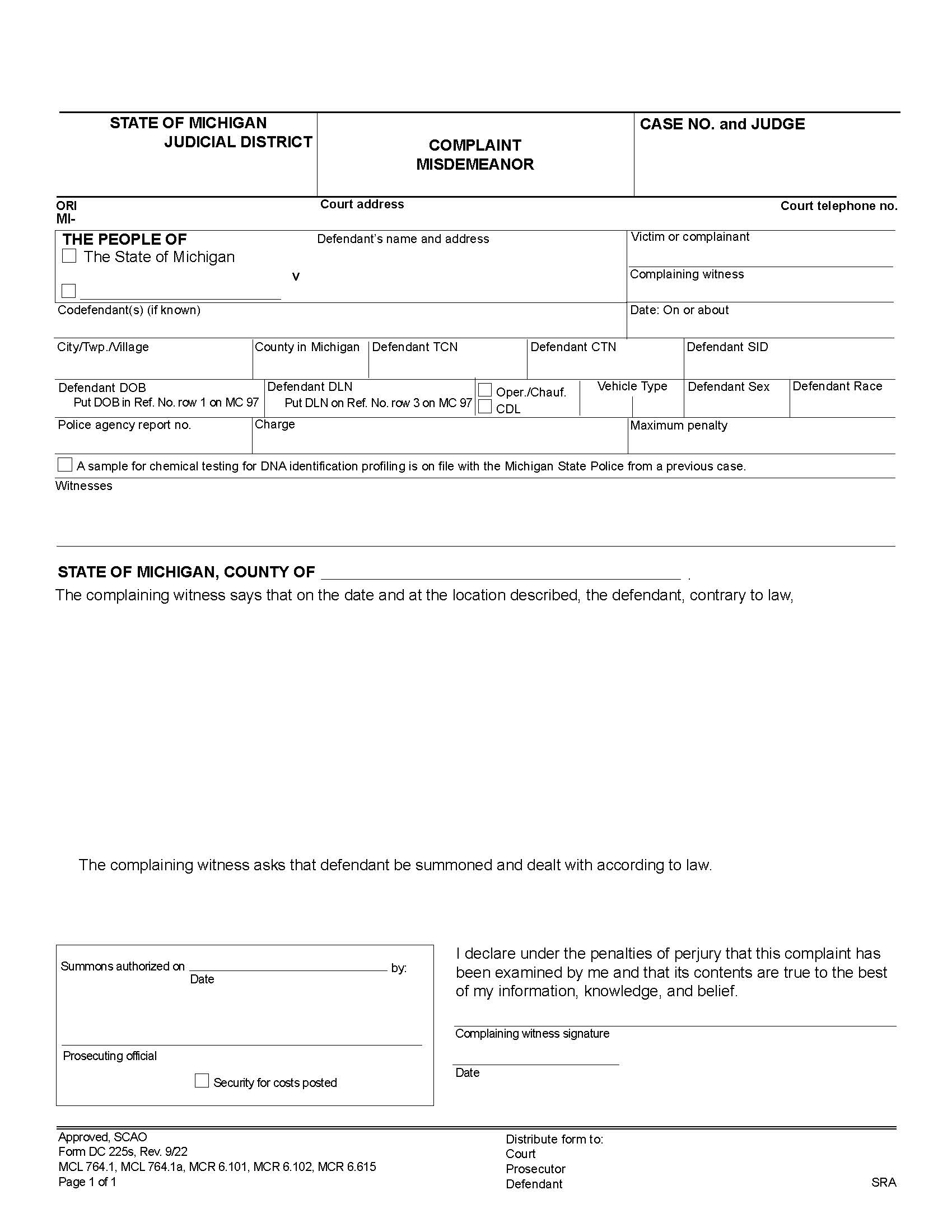 Complaint Misdemeanor {DC 225s} | Pdf Fpdf Docx | Michigan