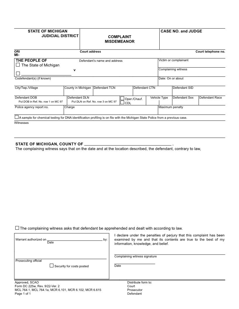 Complaint Misdemeanor {DC 225w} | Pdf Fpdf Docx | Michigan