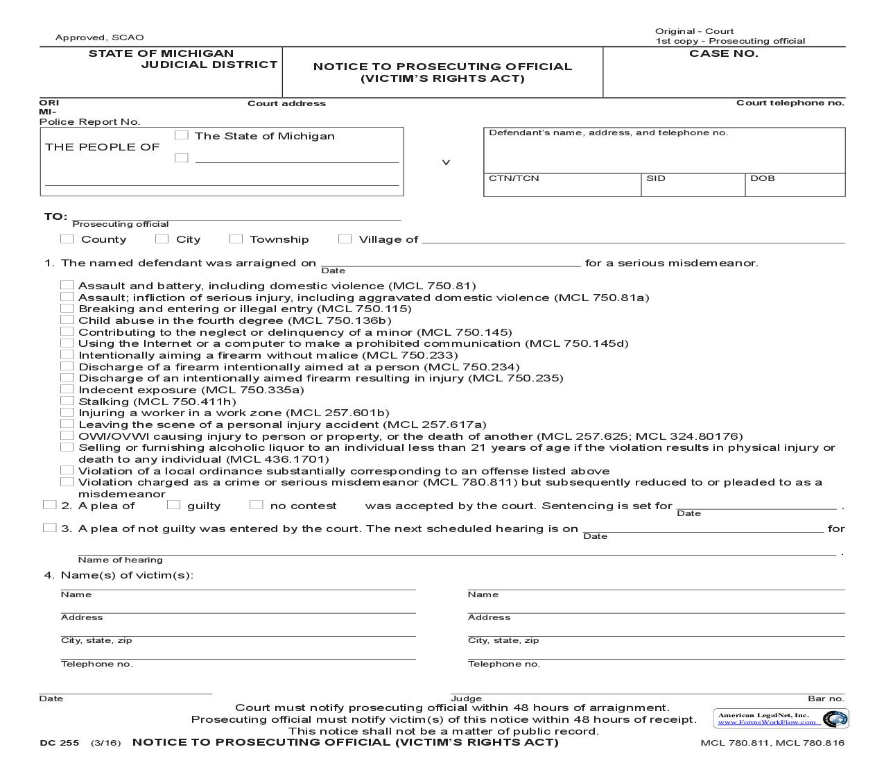 Notice To Prosecuting Official (Victims Rights Act) {DC 255} | Pdf Fpdf Doc Docx | Michigan