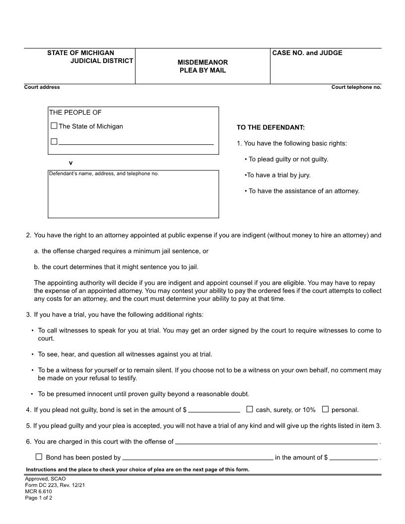 Plea By Mail {DC 223} | Pdf Fpdf Doc Docx | Michigan