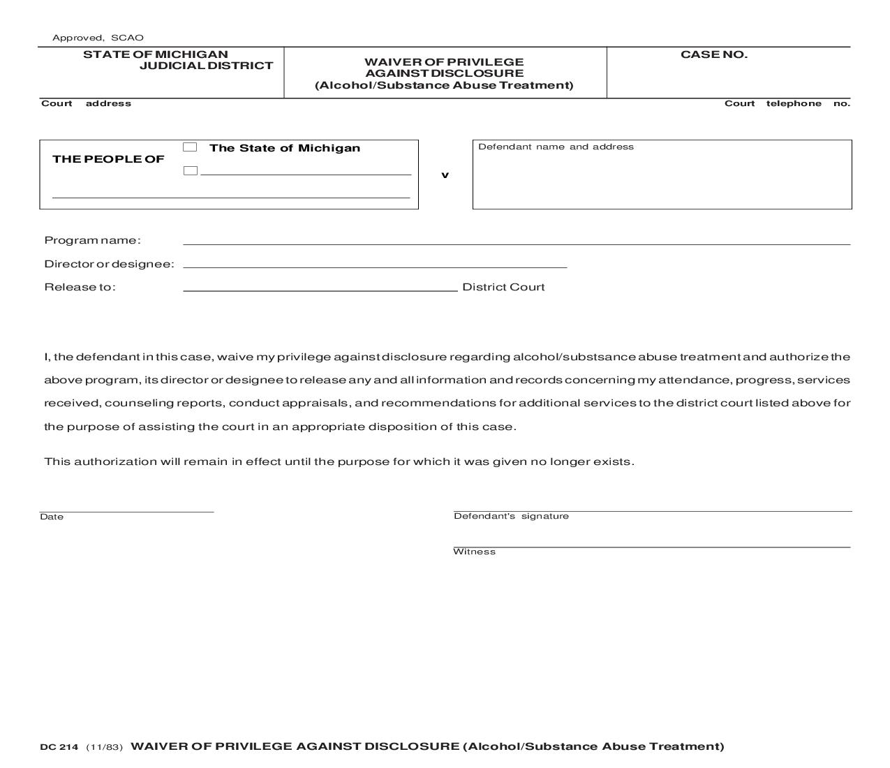 Waiver Of Privilege Against Disclosure (Alcohol Or Substance Abuse Treatment) {DC 214} | Pdf Fpdf Doc Docx | Michigan