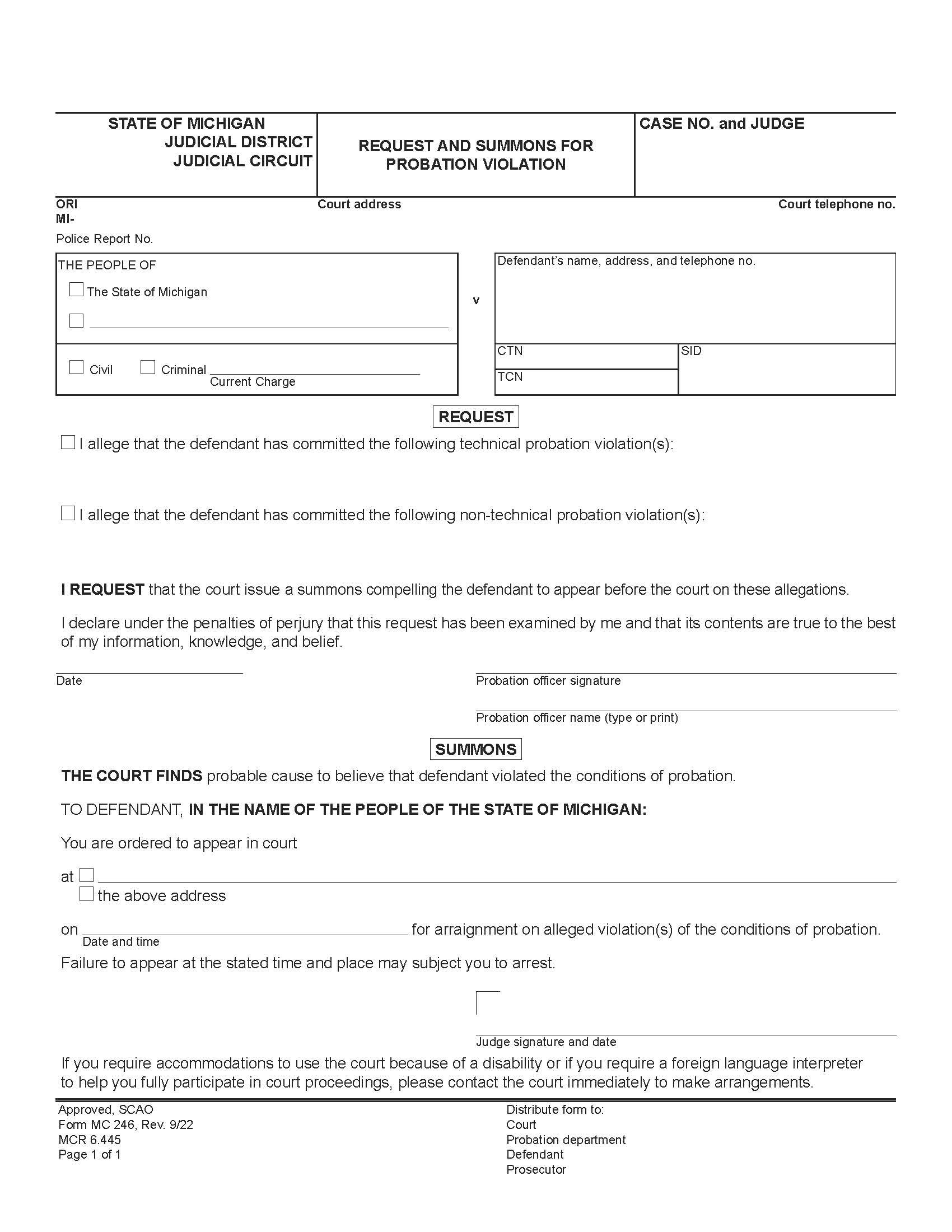 Motion And Summons Regarding Probation Violation {MC 246} | Pdf Fpdf Docx | Michigan