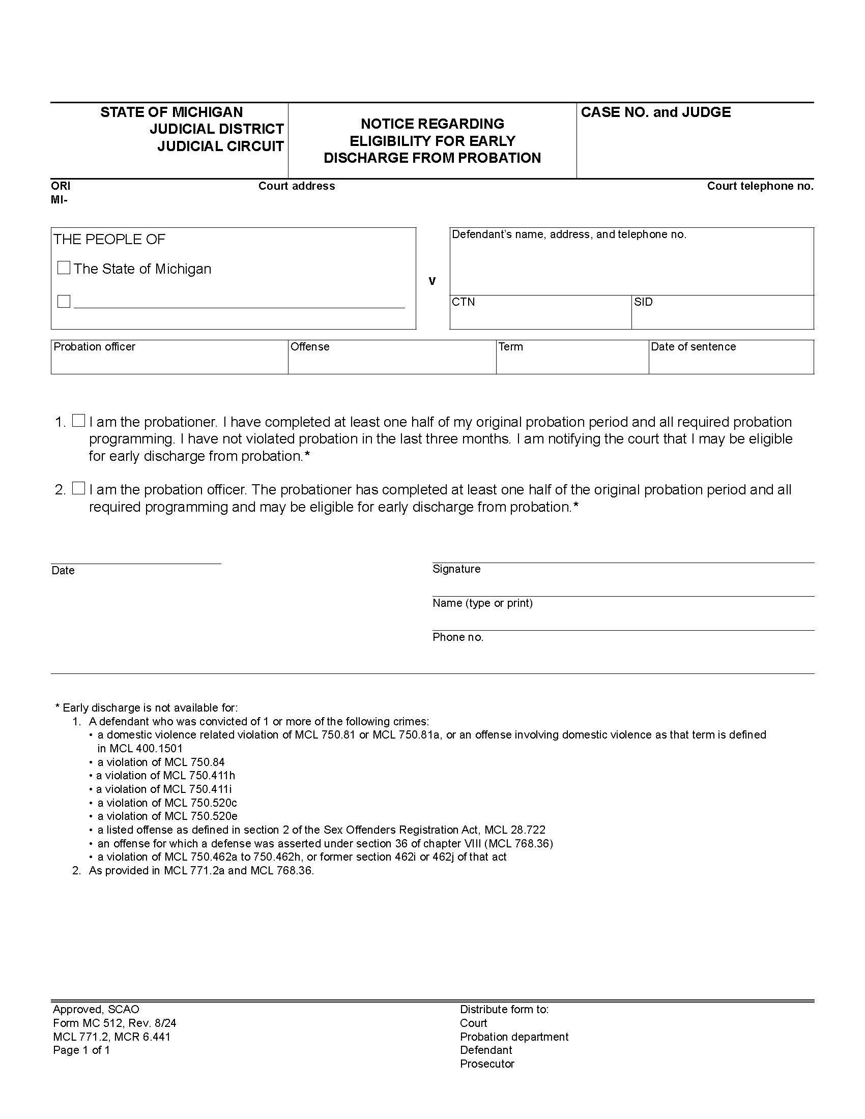 Notice Regarding Eligibility For Early Discharge From Probation {MC 512} | Pdf Fpdf Docx | Michigan