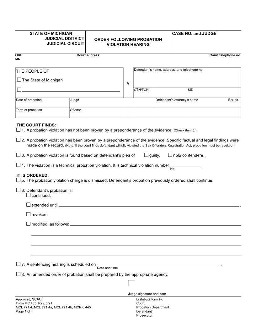 Order Following Probation Violation Hearing {MC 433}  | Pdf Fpdf Docx | Michigan