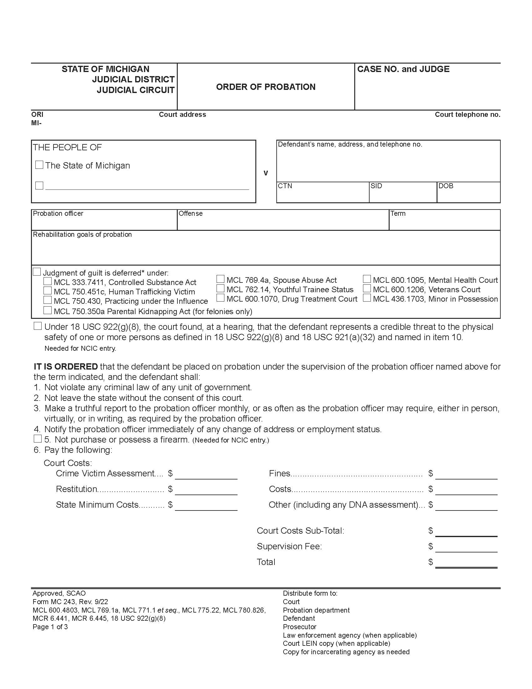Order Of Probation {MC 243} | Pdf Fpdf Docx | Michigan