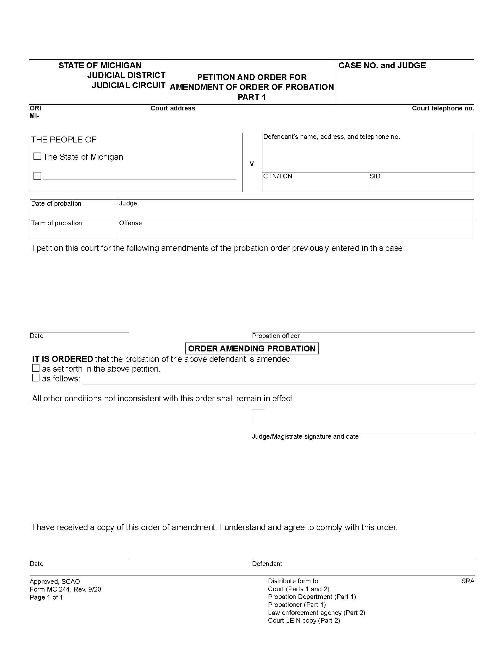 Petition And Order For Amendment Of Order Of Probation {MC 244} | Pdf Fpdf Doc Docx | Michigan
