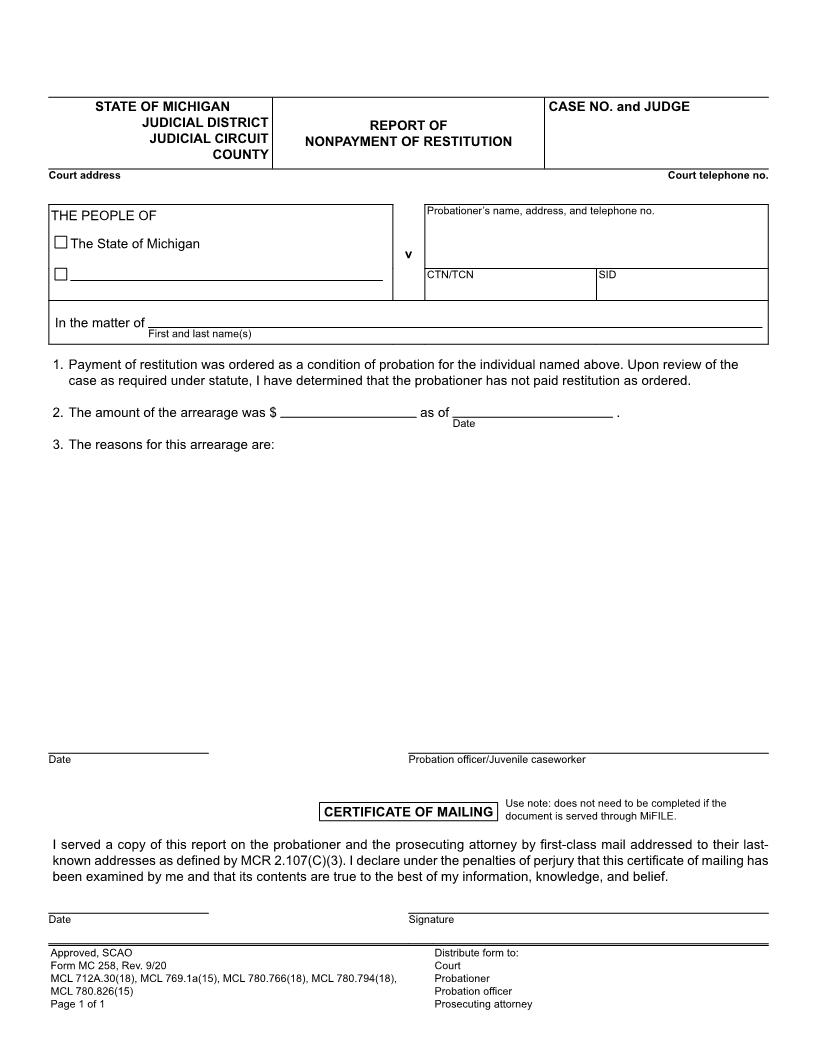 Report Of Nonpayment Of Restitution {MC 258} | Pdf Fpdf Docx | Michigan