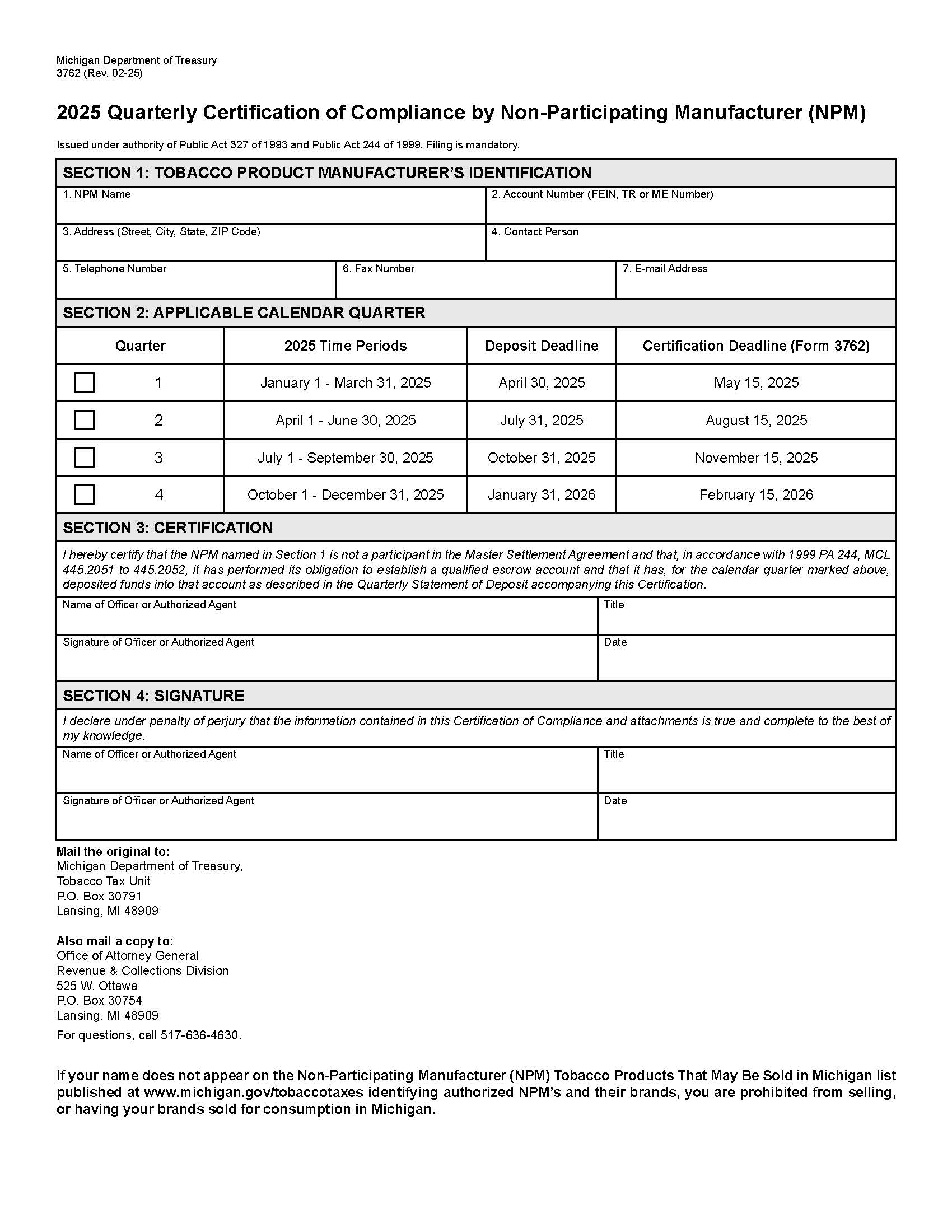 Certification Of Compliance By Nonparticipating Manufacturer (NPM) {3762} | Pdf Fpdf Docx | Michigan