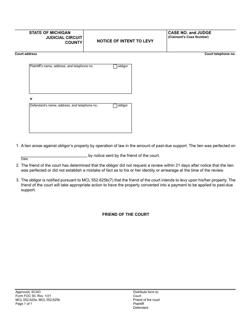Notice Of Intent To Levy {FOC 93} | Pdf Fpdf Doc Docx | Michigan