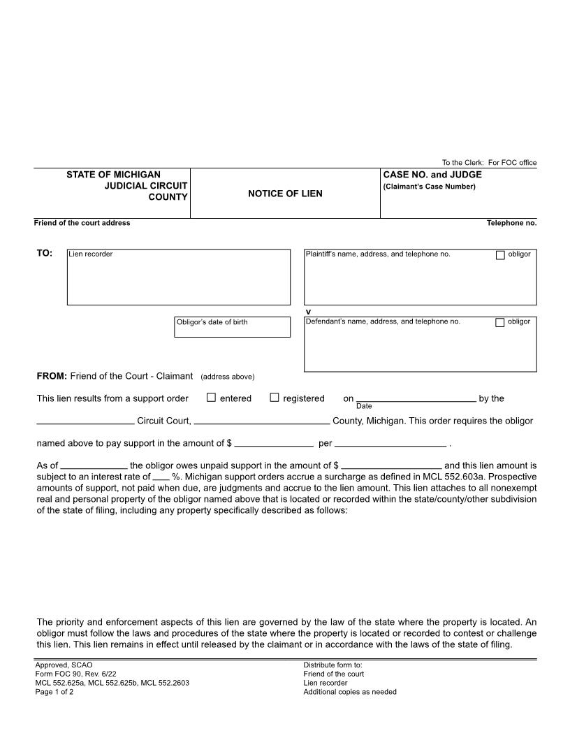 Notice Of Lien {FOC 90} | Pdf Fpdf Doc Docx | Michigan