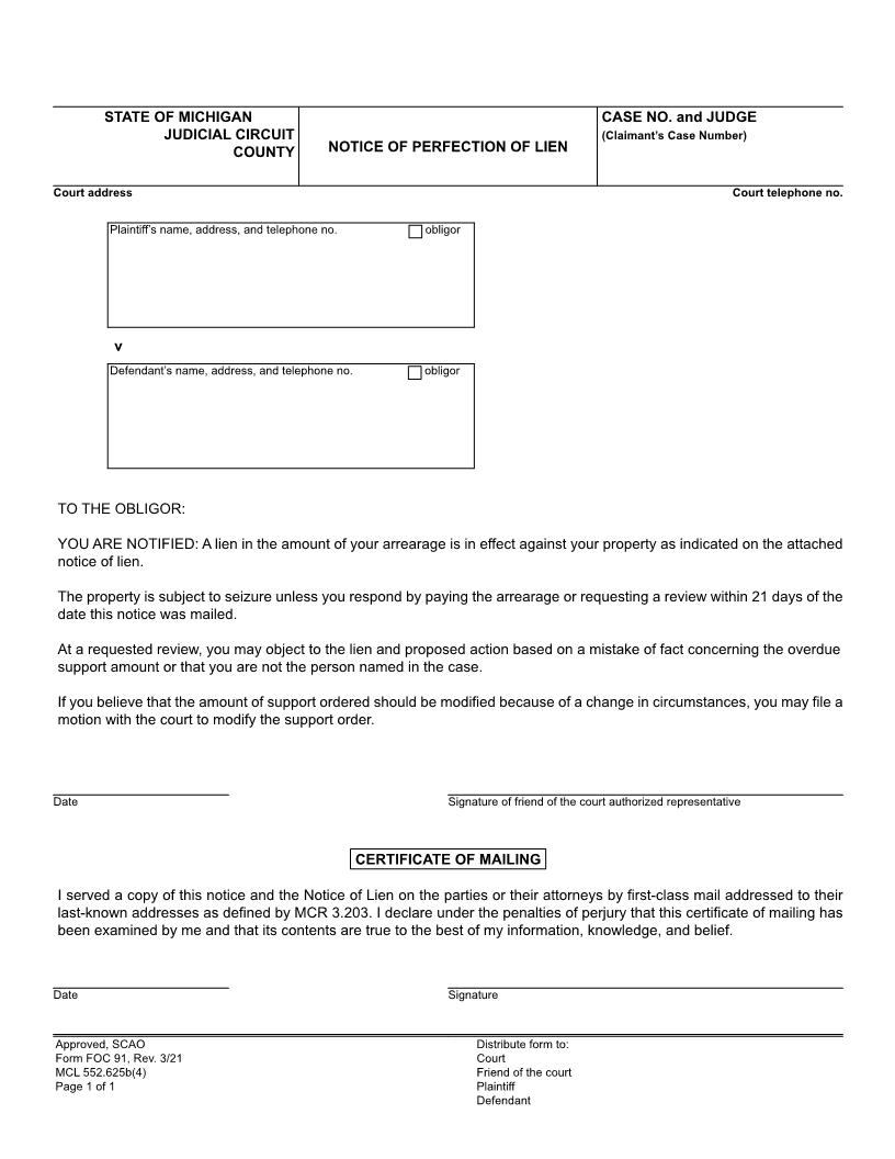 Notice Of Perfection Of Lien {FOC 91} | Pdf Fpdf Doc Docx | Michigan