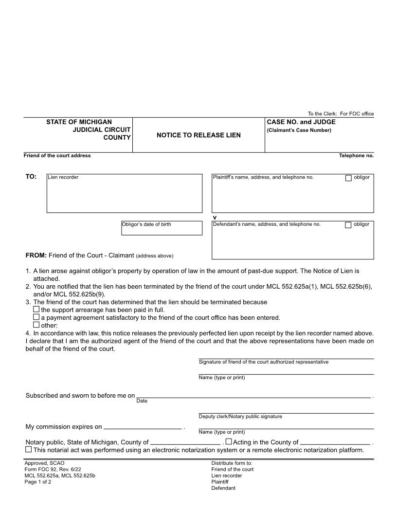 Notice To Release Lien {FOC 92} | Pdf Fpdf Doc Docx | Michigan