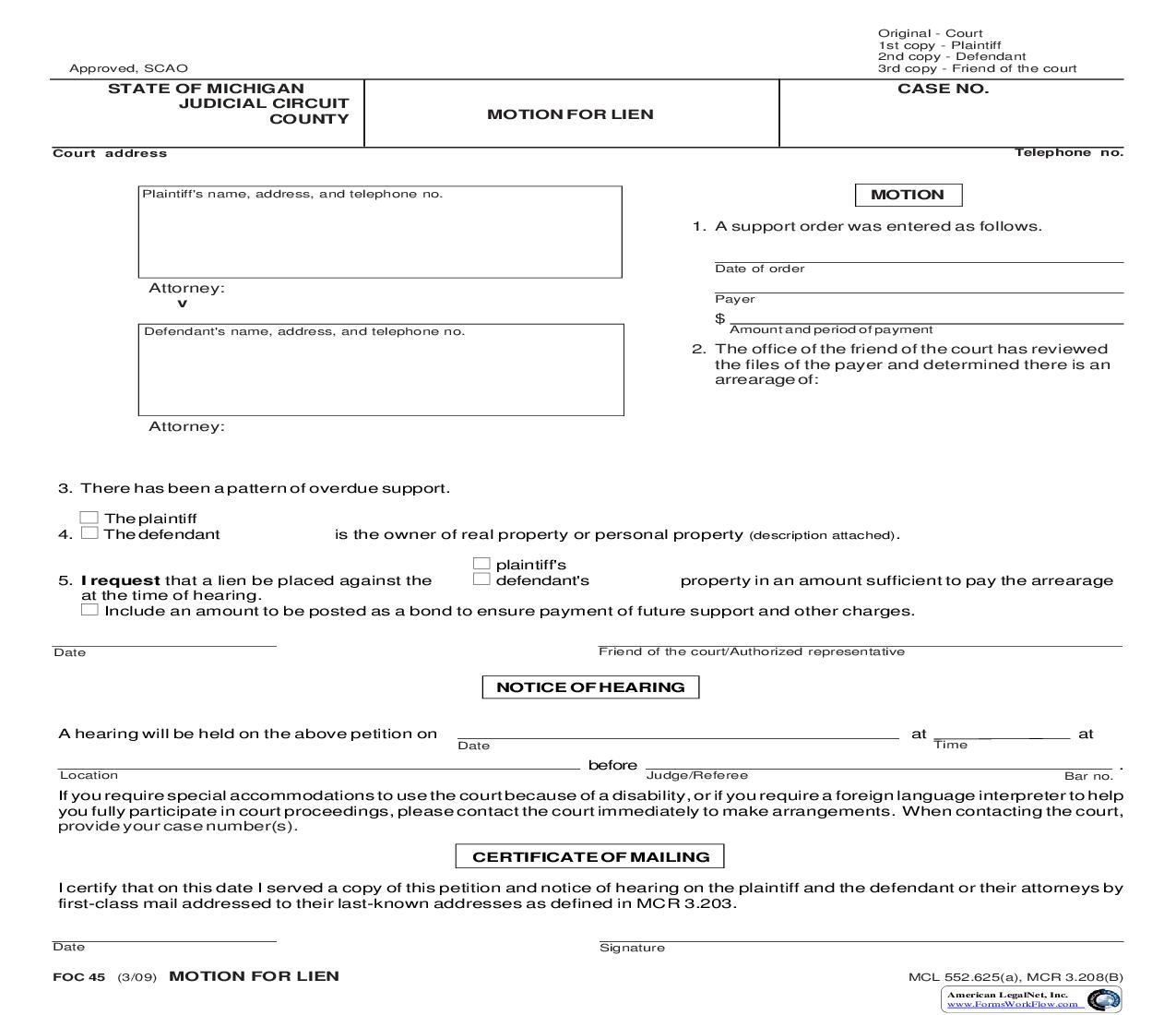 Motion For Lien {FOC45} | Pdf Fpdf Doc Docx | Michigan