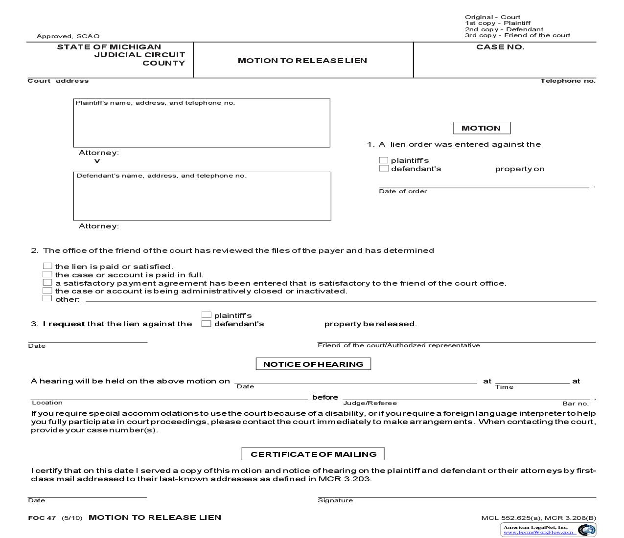 Motion To Release Lien {FOC 47} | Pdf Fpdf Doc Docx | Michigan