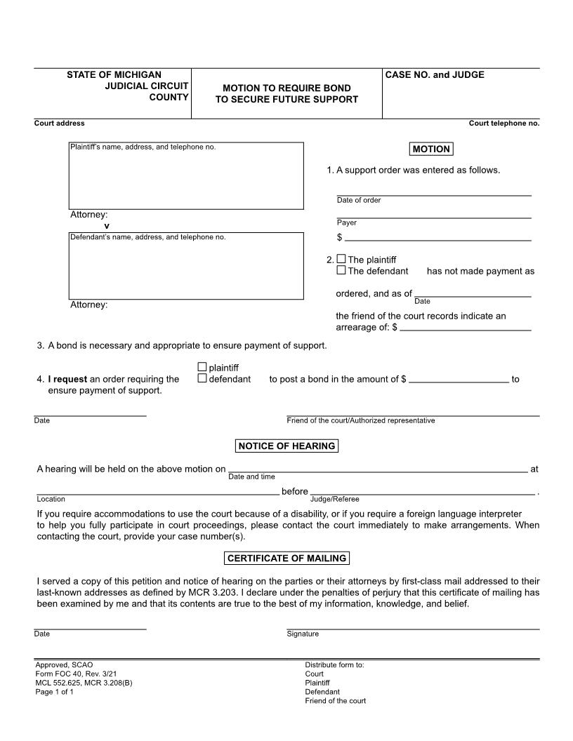 Motion To Require Bond To Secure Future Support {FOC 40} | Pdf Fpdf Doc Docx | Michigan