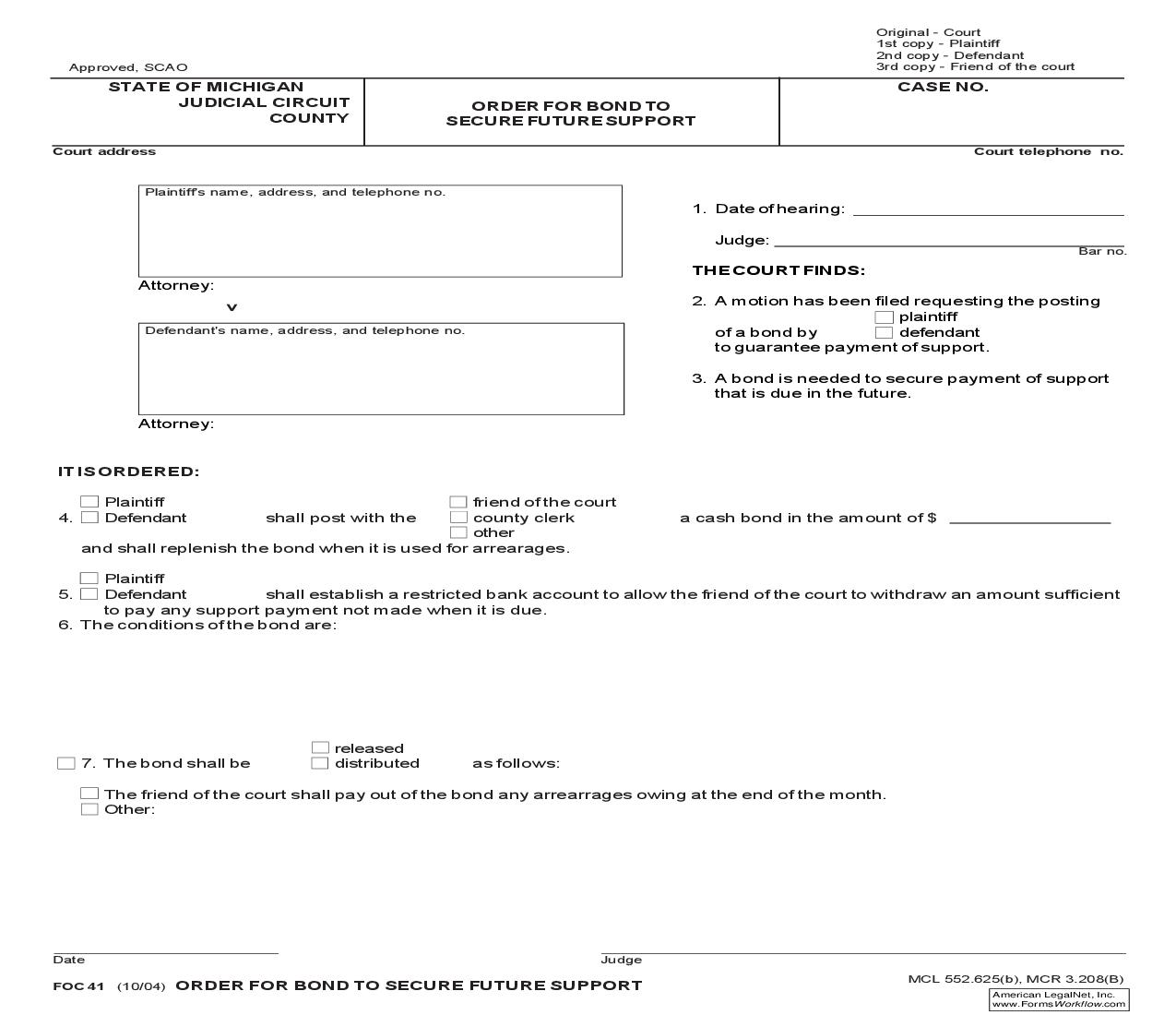 Order For Bond To Secure Future Support {FOC 41} | Pdf Fpdf Doc Docx | Michigan