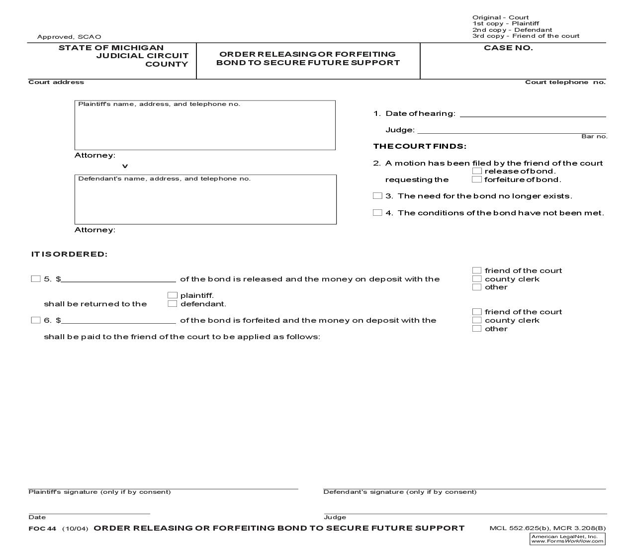 Order Releasing Or Forfeiting Bond To Secure Future Support {FOC 44} | Pdf Fpdf Doc Docx | Michigan