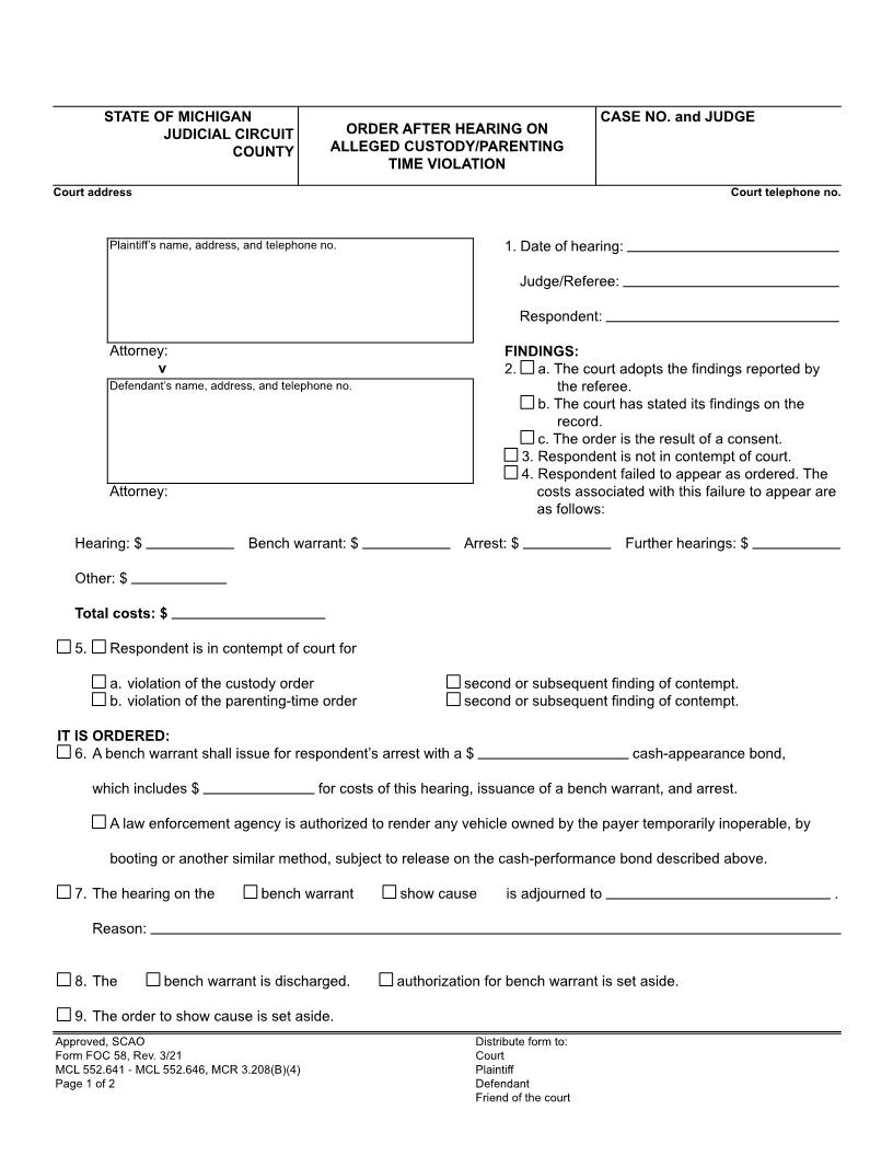 Order After Hearing On Alleged Custody Parenting Time Violation {FOC 58} | Pdf Fpdf Doc Docx | Michigan