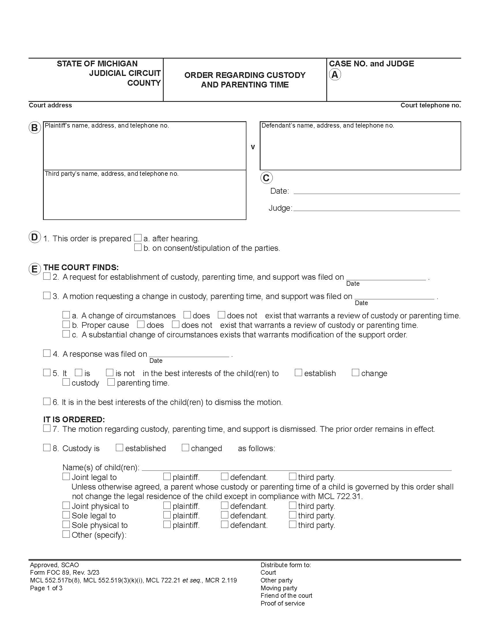 Order Regarding Custody And Parenting Time {FOC 89} | Pdf Fpdf Doc Docx | Michigan