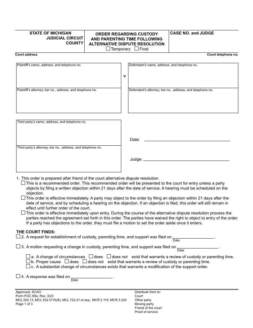 Order Regarding Custody And Parenting Time Following ADR {FOC 89a} | Pdf Fpdf Docx | Michigan