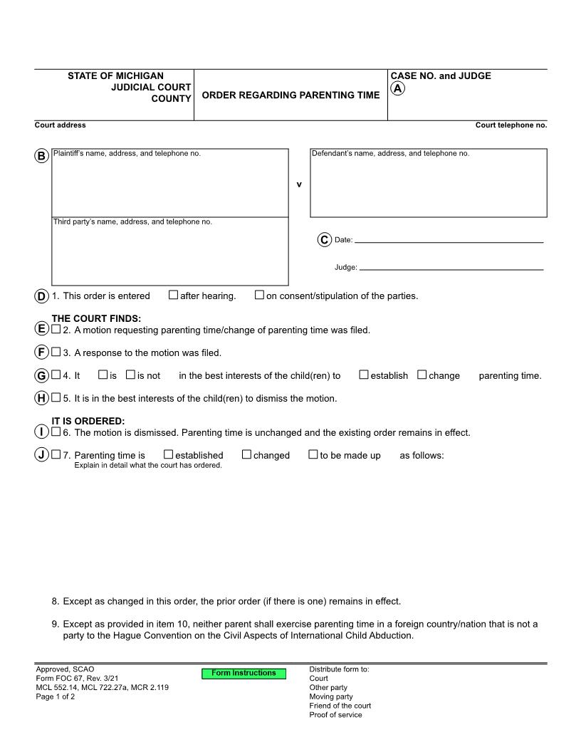 Order Regarding Parenting Time {FOC 67} | Pdf Fpdf Doc Docx | Michigan