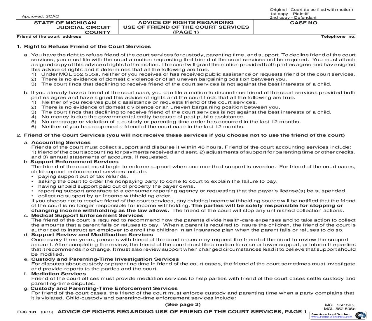 Advice Of Rights Regarding Use Of Friend Of The Court Services {FOC 101} | Pdf Fpdf Doc Docx | Michigan