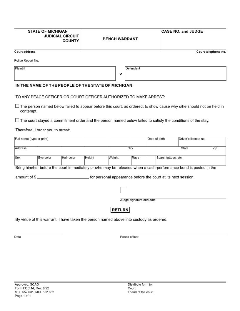 Bench Warrant And Memorandum Of Bench Warrant {FOC 14} | Pdf Fpdf Doc Docx | Michigan