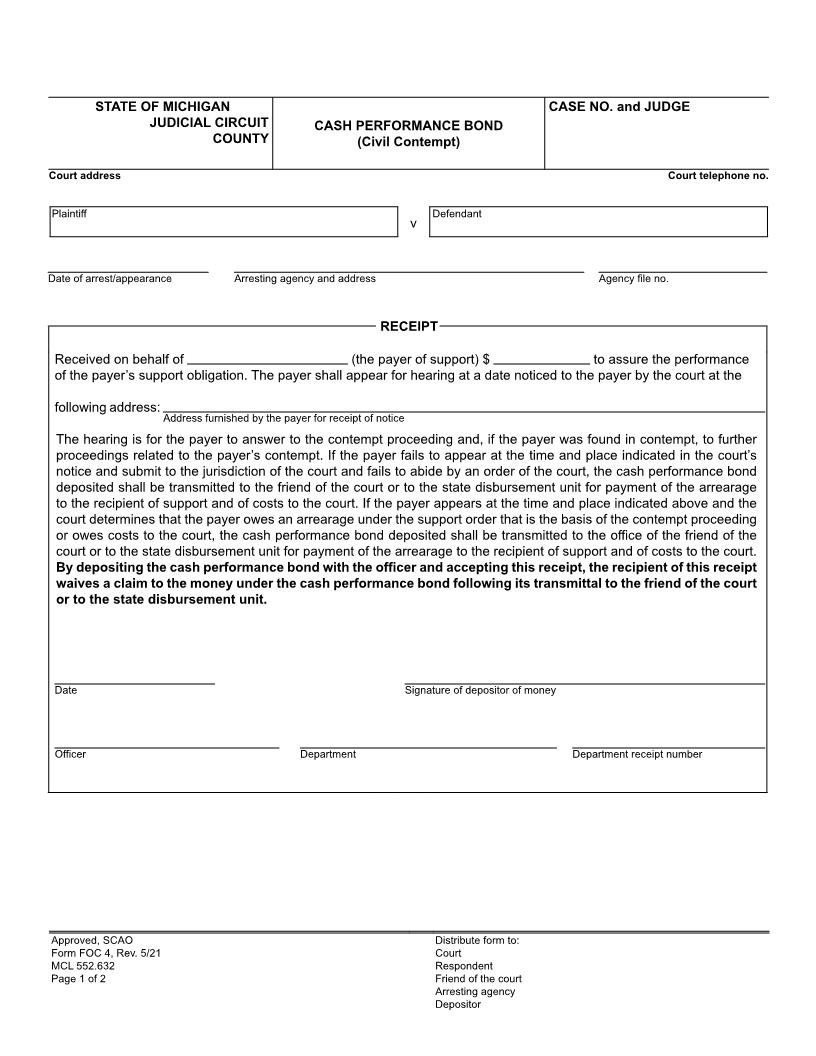 Cash Performance Bond (Civil Contempt) {FOC 4} | Pdf Fpdf Doc Docx | Michigan