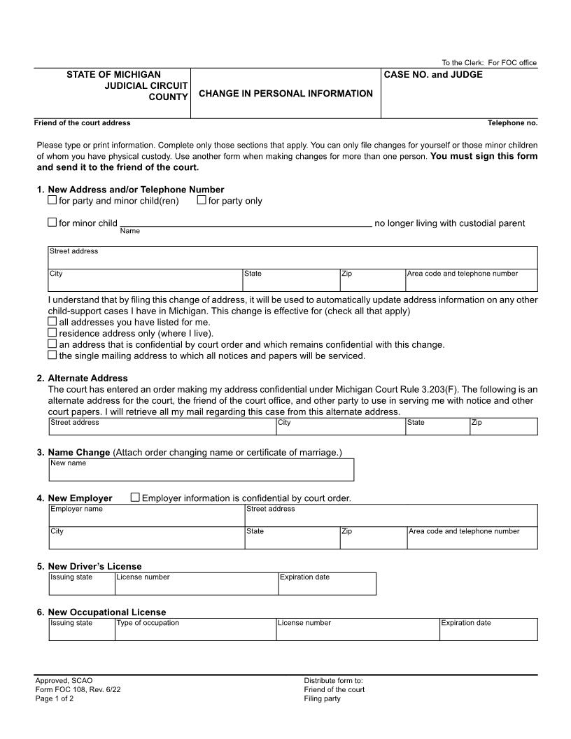 Change In Personal Information {FOC 108} | Pdf Fpdf Doc Docx | Michigan