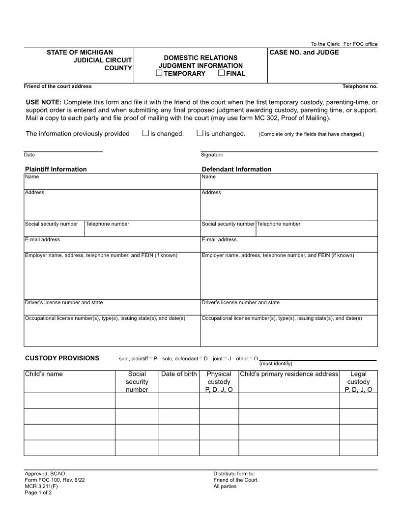 Domestic Relations Judgment Information {FOC 100} | Pdf Fpdf Doc Docx | Michigan