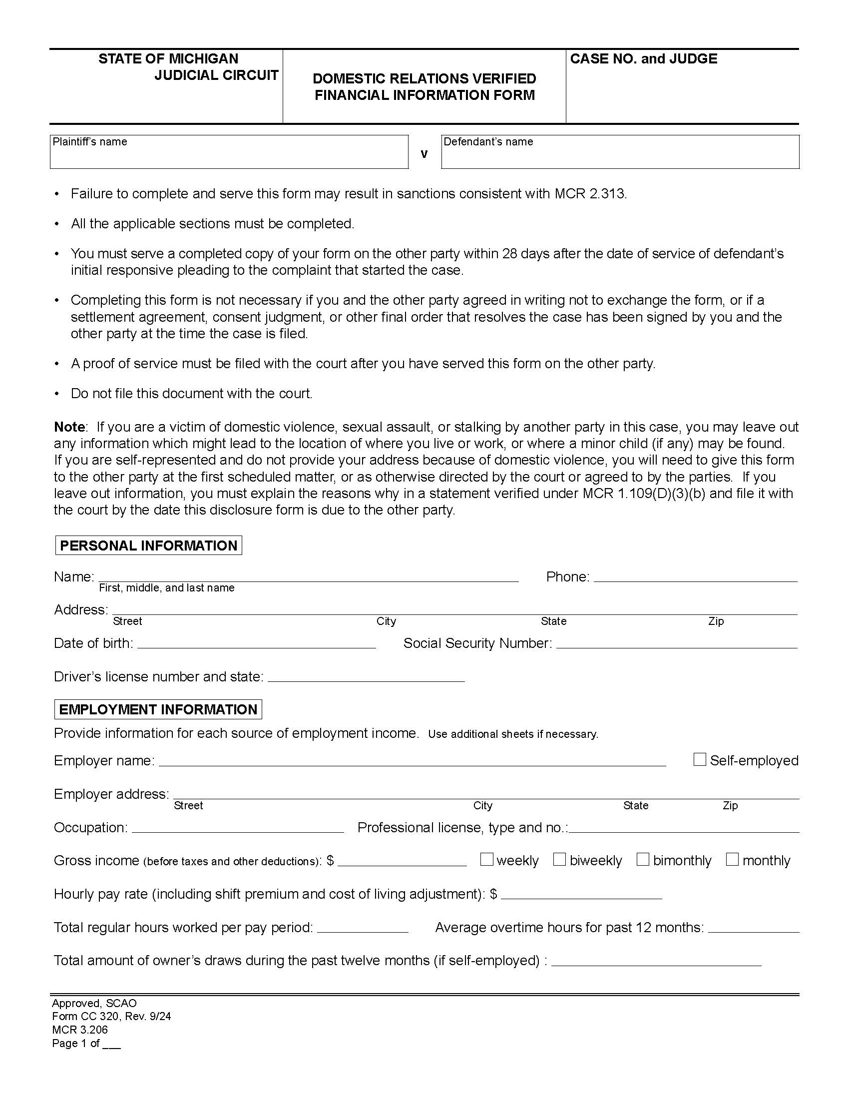 Domestic Relations Verified Financial Information Form {CC 320} | Pdf Fpdf Docx | Michigan