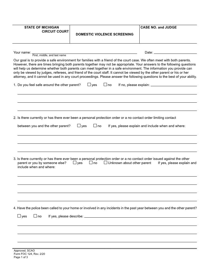 Domestic Violence Screening {FOC 124} | Pdf Fpdf Docx | Michigan
