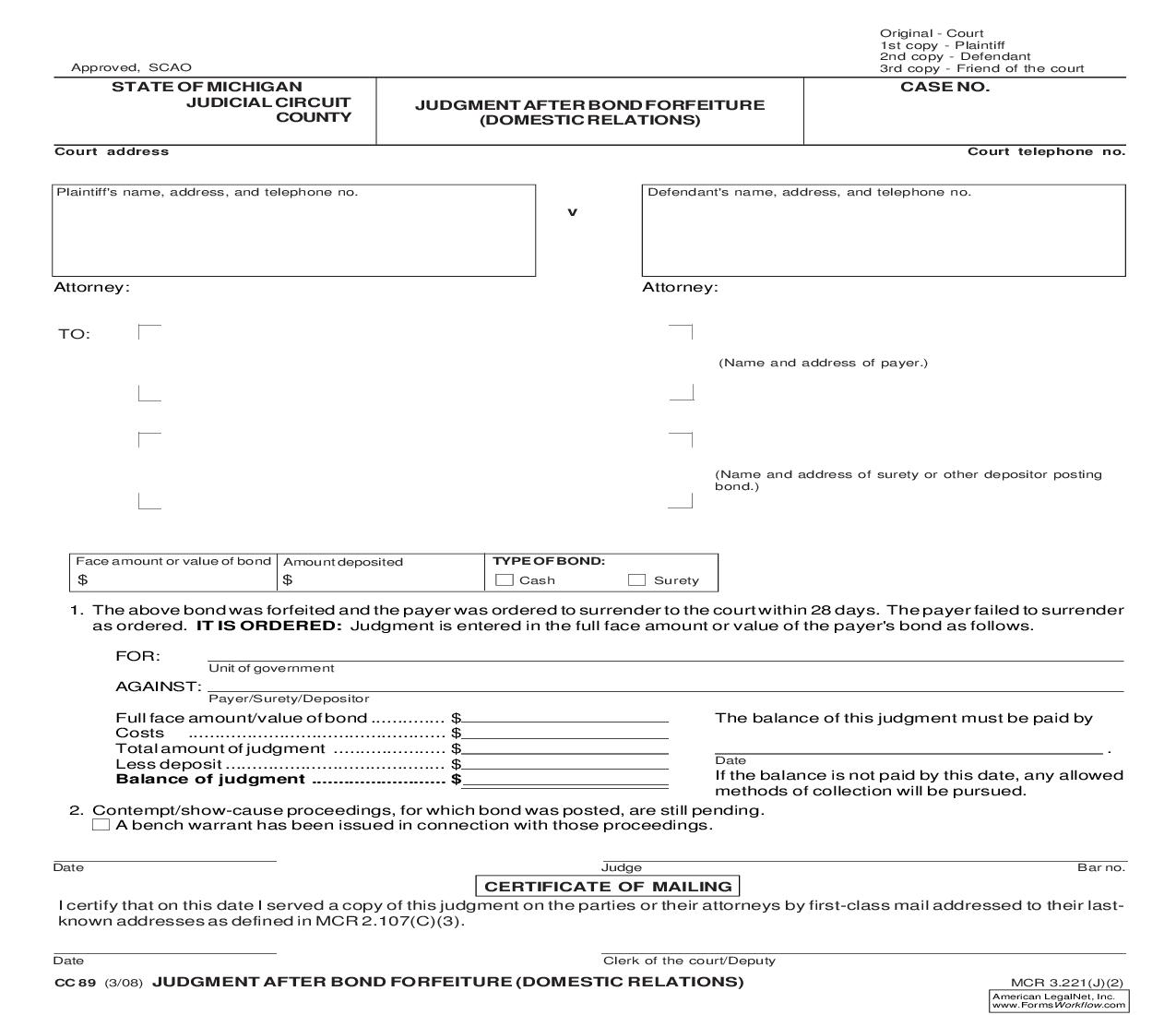 Judgment After Bond Forfeiture {CC 89} | Pdf Fpdf Doc Docx | Michigan