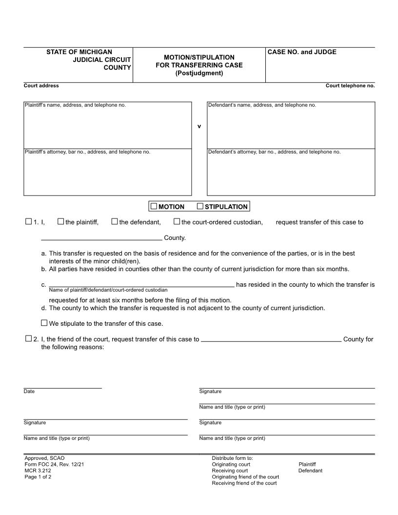 Motion Or Stipulation For Transferring Case (Post Judgment) {FOC 24} | Pdf Fpdf Doc Docx | Michigan