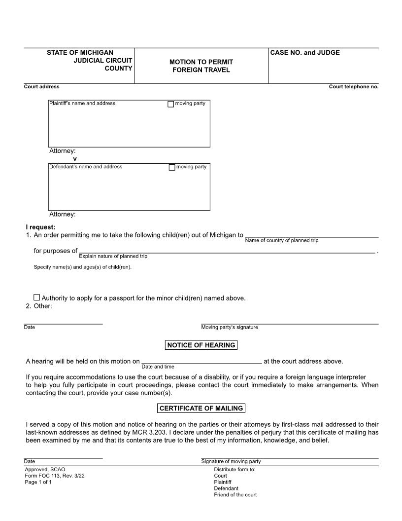 Motion To Permit Foreign Travel {FOC 113} | Pdf Fpdf Doc Docx | Michigan
