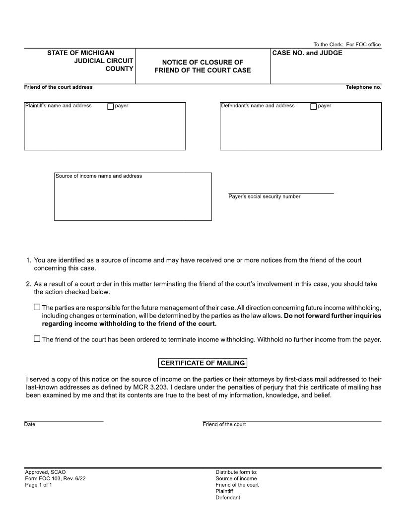 Notice Of Friend Of The Court Case Closure {FOC 103} | Pdf Fpdf Doc Docx | Michigan