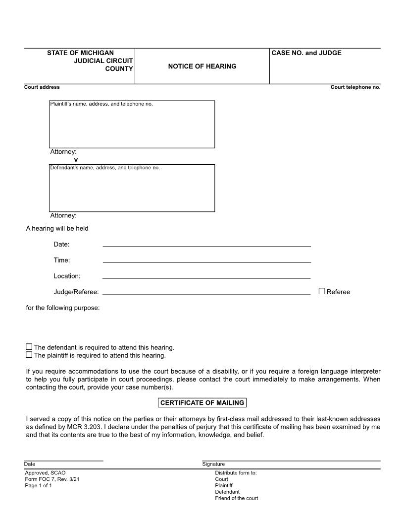Notice Of Hearing {FOC 7} | Pdf Fpdf Doc Docx | Michigan