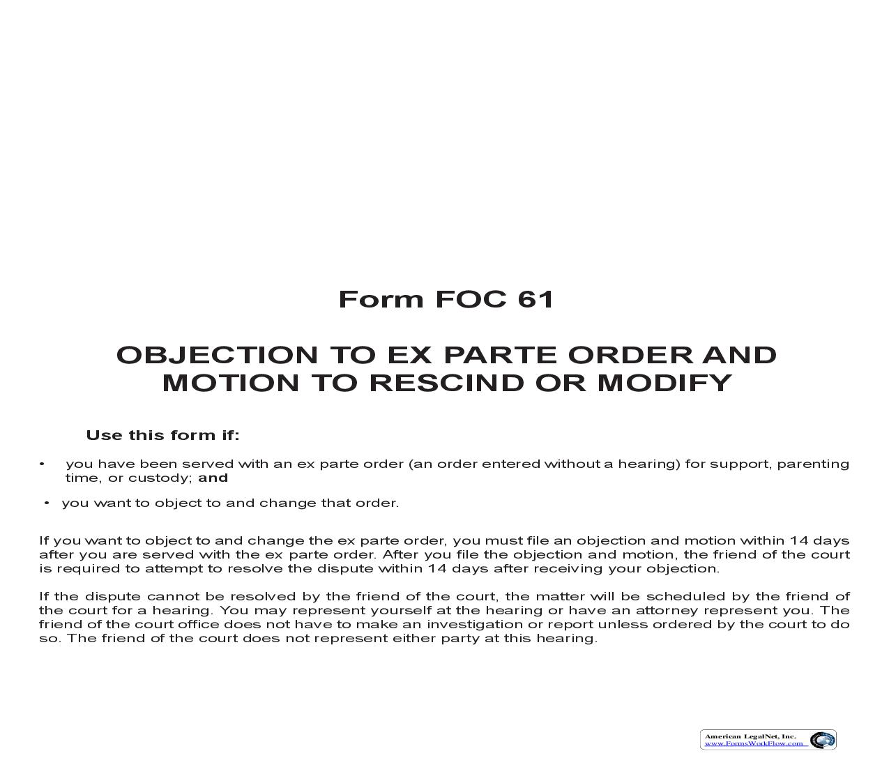 Objection To Ex Parte Order And Motion To Rescind Or Modify {FOC 61} | Pdf Fpdf Doc Docx | Michigan