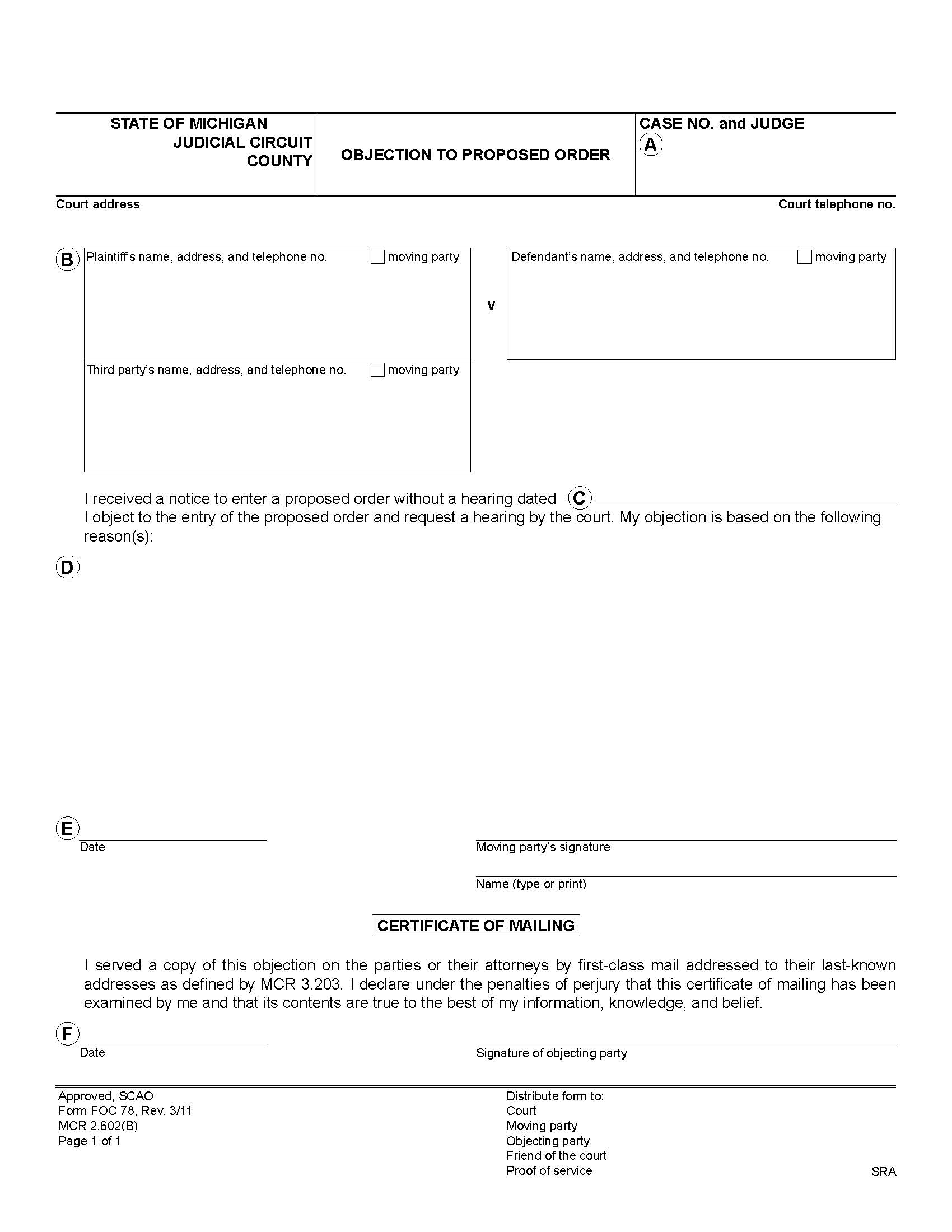 Objection To Proposed Order {FOC 78} | Pdf Fpdf Doc Docx | Michigan