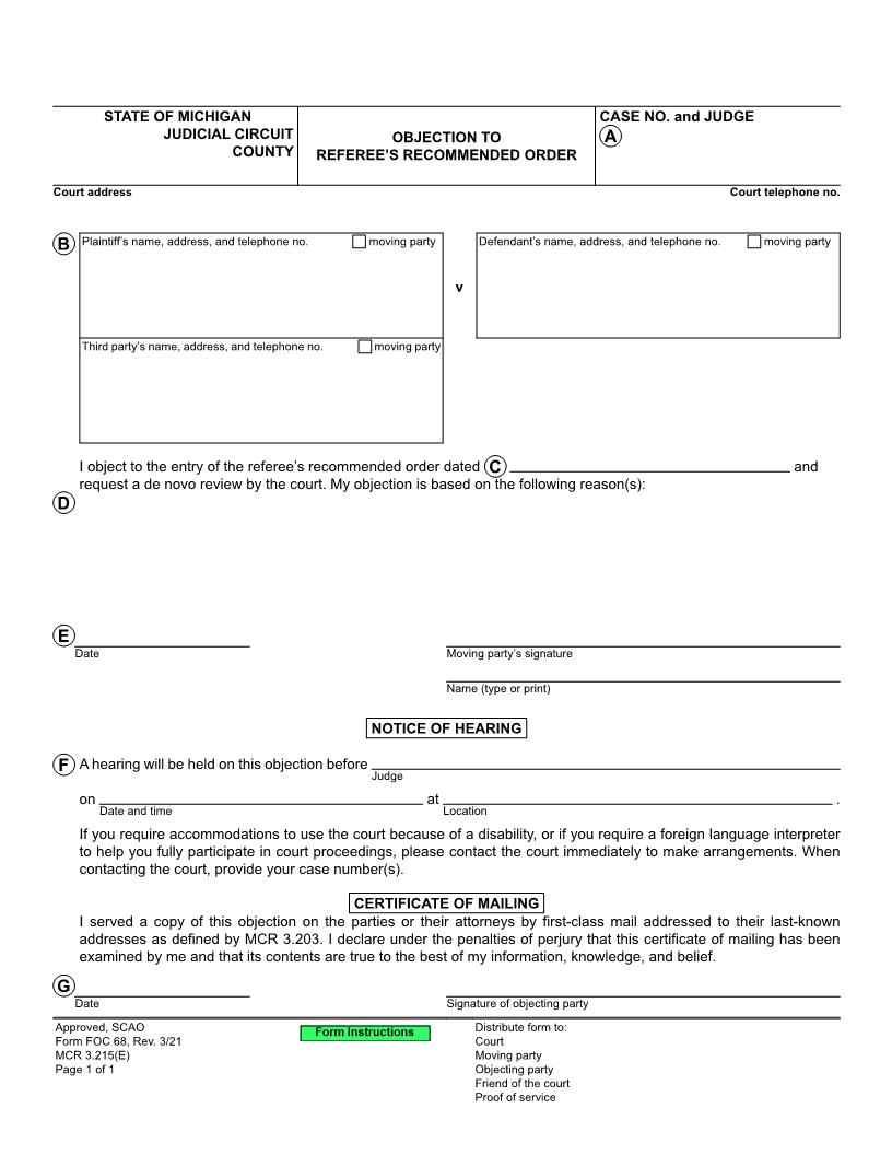 Objection To Referees Recommended Order {FOC 68} | Pdf Fpdf Doc Docx | Michigan