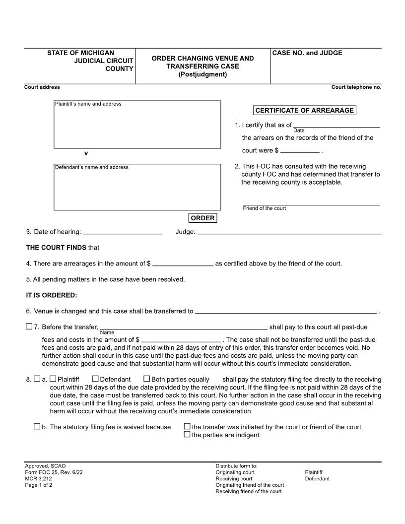 Order Changing Venue And Transferring Case (Post Judgment) {FOC 25} | Pdf Fpdf Doc Docx | Michigan