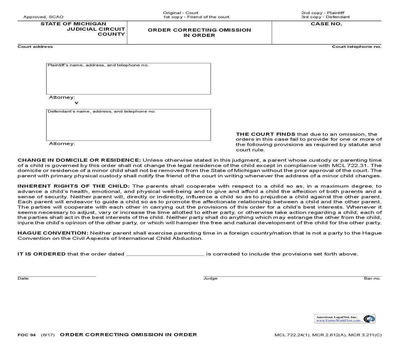 Order Correcting Omission In Order {FOC 94} | Pdf Fpdf Doc Docx | Michigan