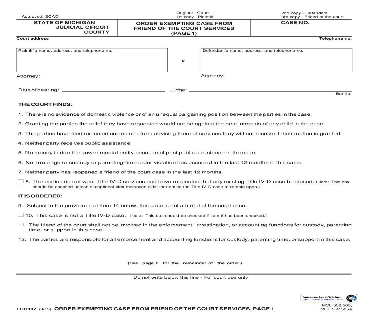 Order Exempting Case From Friend Of The Court Services {FOC 102} | Pdf Fpdf Doc Docx | Michigan