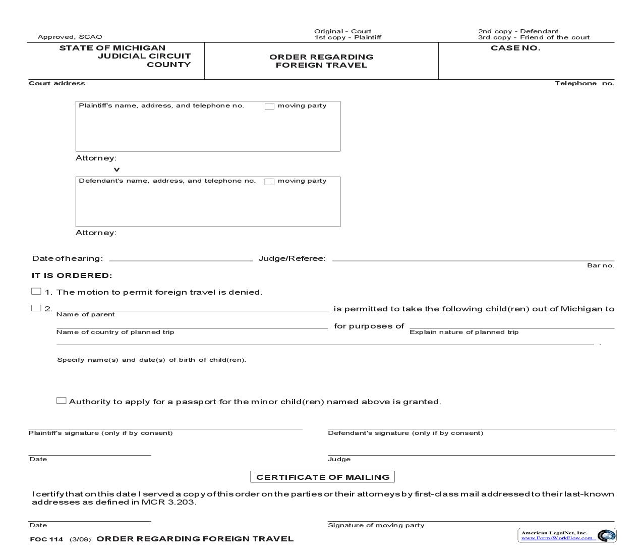 Order Regarding Foreign Travel {FOC 114} | Pdf Fpdf Doc Docx | Michigan