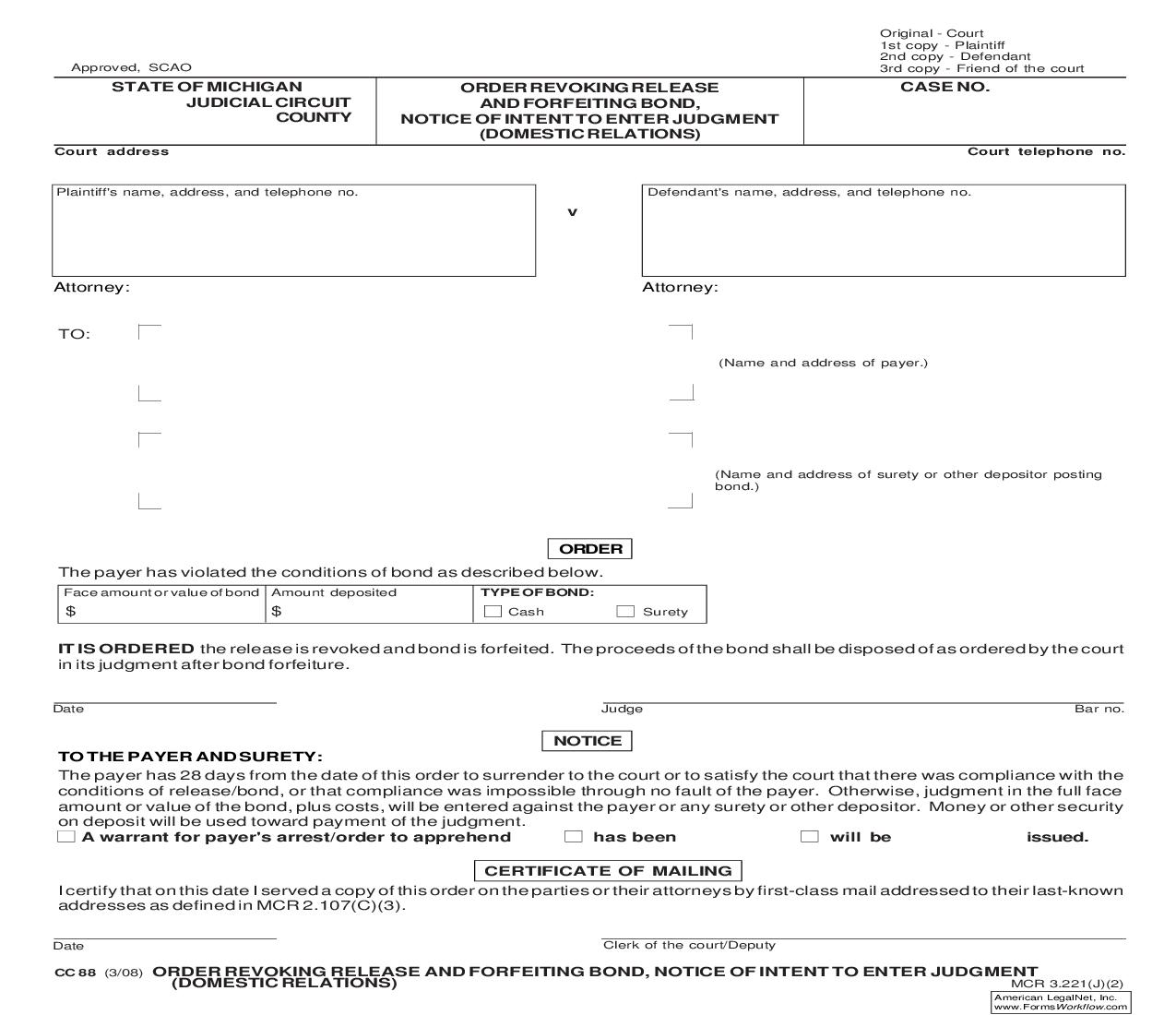 Order Revoking Release And Forfeiting Bond {CC 88} | Pdf Fpdf Doc Docx | Michigan