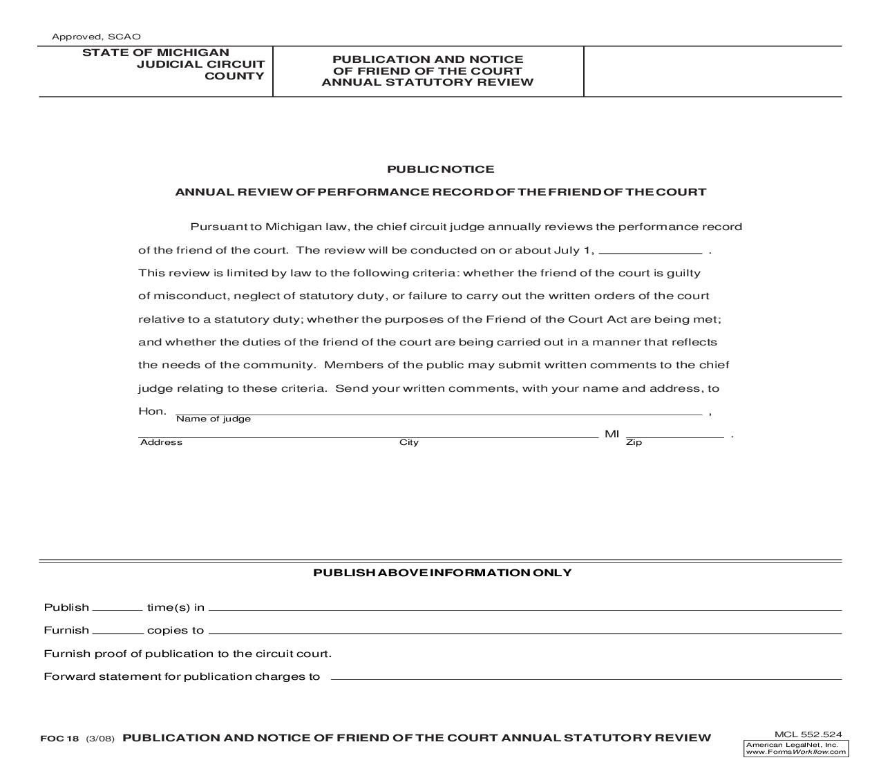 Publication And Notice Of Friend Of The Court Annual Statutory Review {FOC 18} | Pdf Fpdf Doc Docx | Michigan