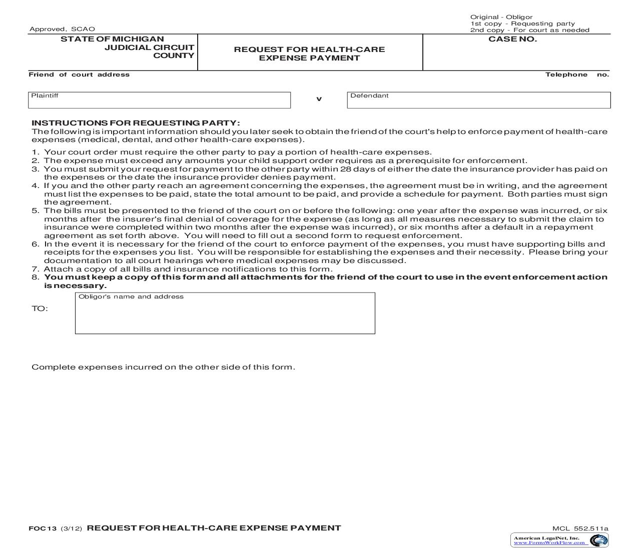 Request For Health Care Expense Payment {FOC 13} | Pdf Fpdf Doc Docx | Michigan