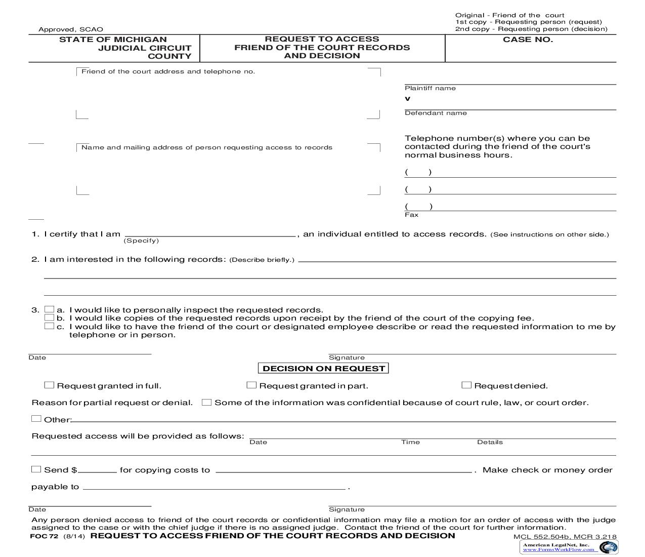 Request To Access Friend Of The Court Records And Decision {FOC 72} | Pdf Fpdf Doc Docx | Michigan