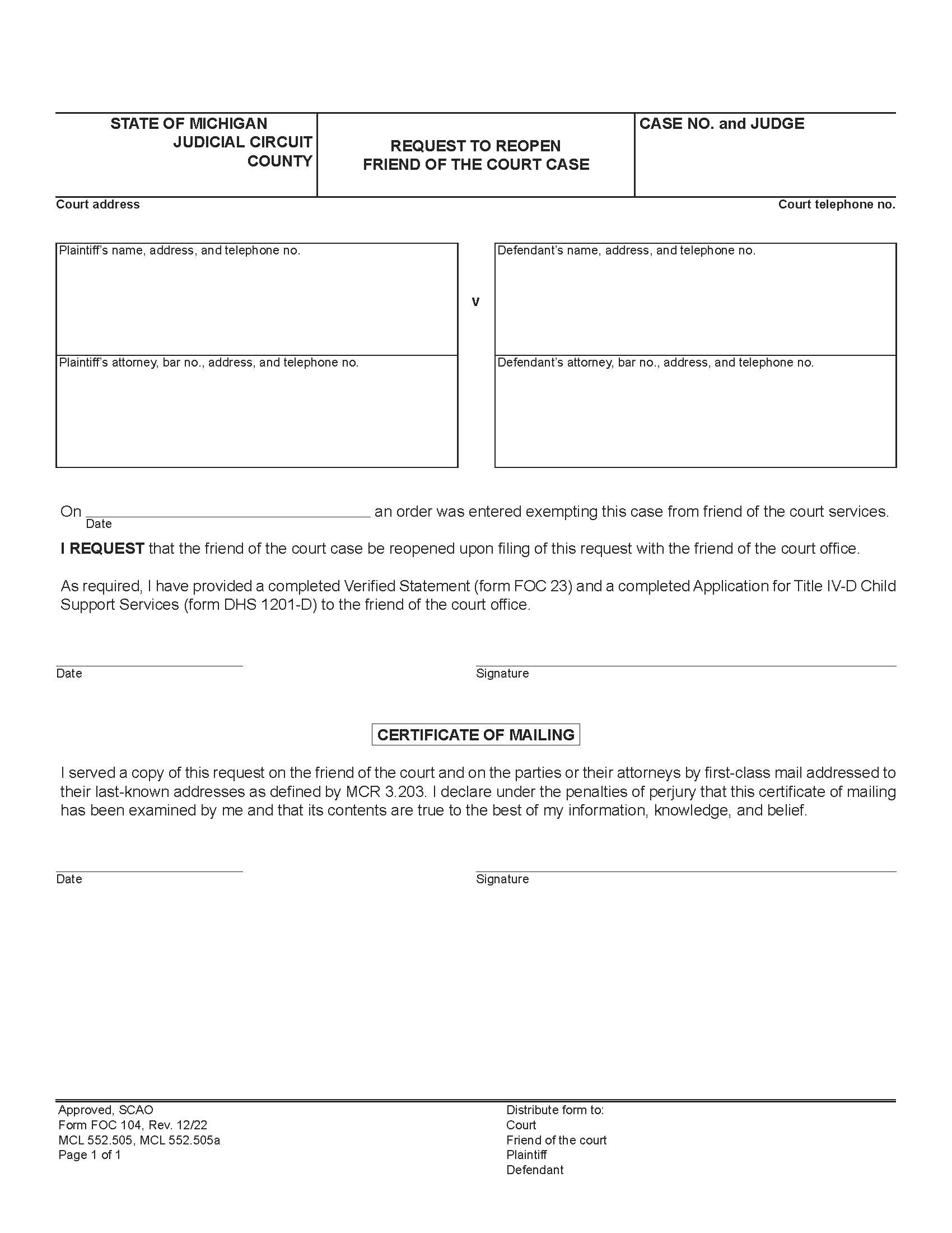 Request To Reopen Friend Of The Court Case {FOC 104} | Pdf Fpdf Doc Docx | Michigan