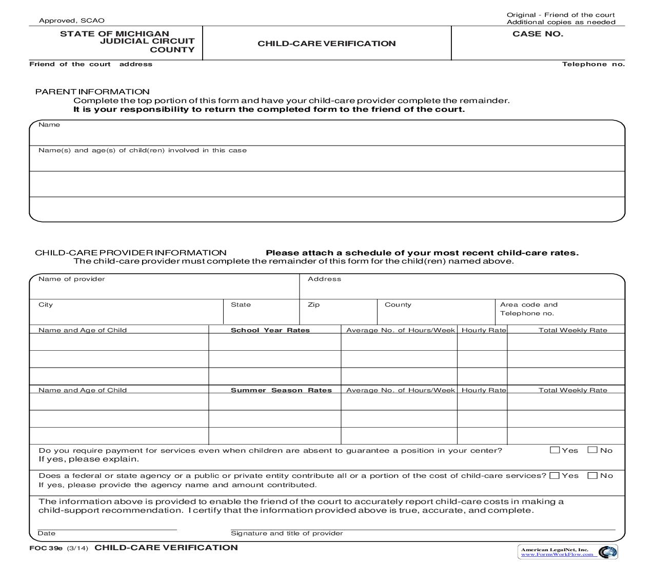 Child Care Verification {FOC 39e} | Pdf Fpdf Doc Docx | Michigan